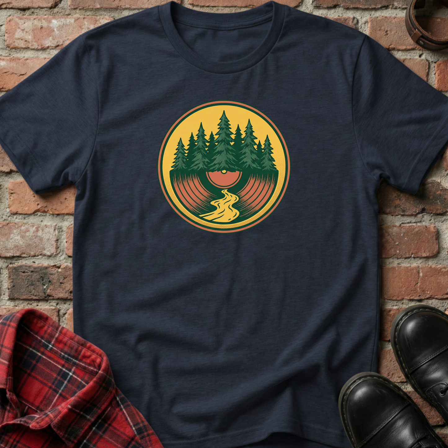Navy blue t-shirt with a nature-themed graphic on a brick surface. Minimalist music apparel by pemuyo.