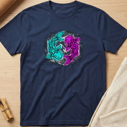 Navy blue t-shirt with a colorful koi fish design on a wooden surface. Minimalist yoga apparel by pemuyo.
