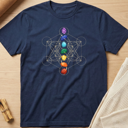 Navy blue t-shirt with a colorful chakra design on a wooden surface. Minimalist yoga apparel by pemuyo.