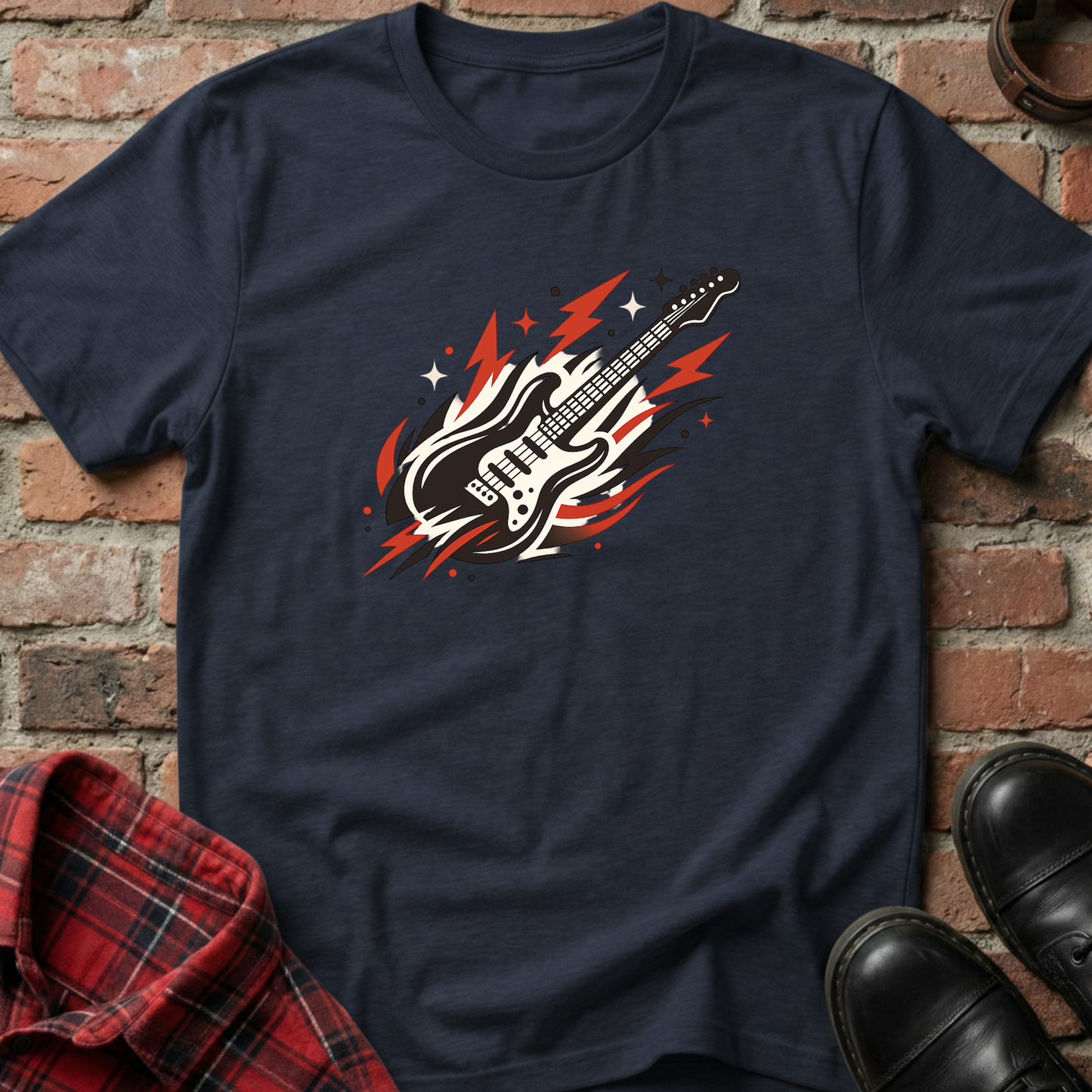 Navy blue t-shirt with a guitar graphic on a brick background. Minimalist music apparel by pemuyo.