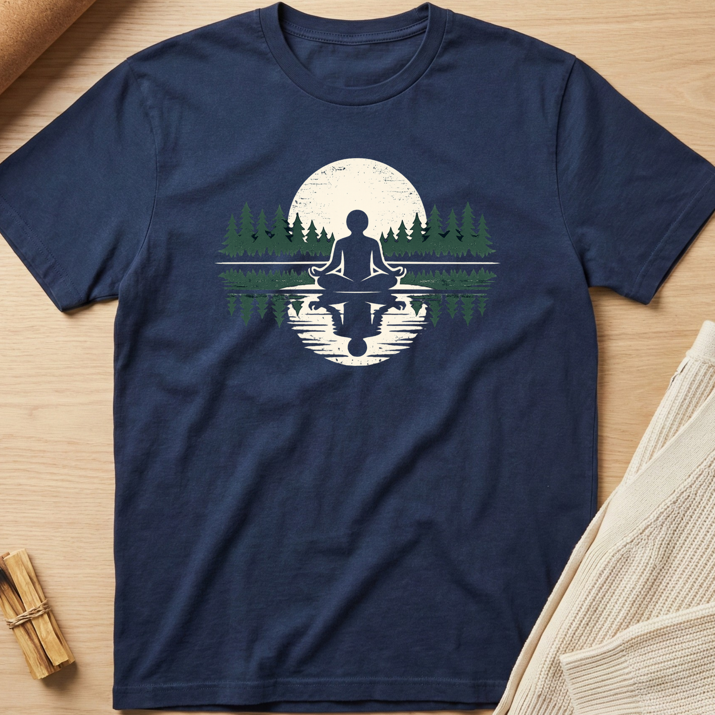 Navy blue t-shirt with a meditating person and forest design on a wooden surface. Minimalist yoga apparel by pemuyo.