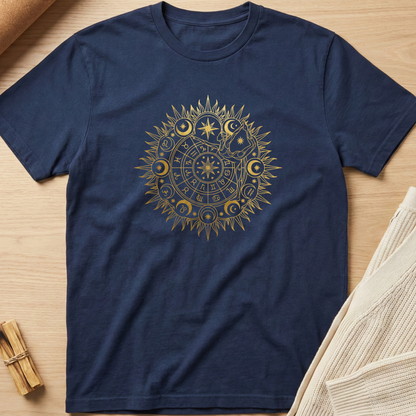 Navy blue t-shirt with gold celestial design on a wooden surface. Minimalist yoga apparel by pemuyo.