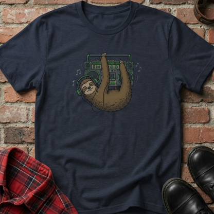 Navy blue t-shirt with a sloth holding a boombox graphic on a brick background. Minimalist music apparel by pemuyo.