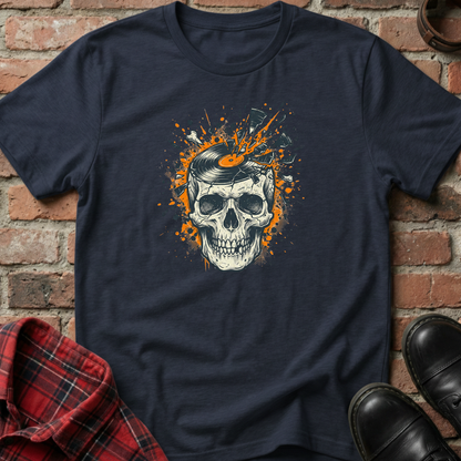 Navy blue t-shirt with a skull design on a brick wall background. Minimalist music apparel by pemuyo.