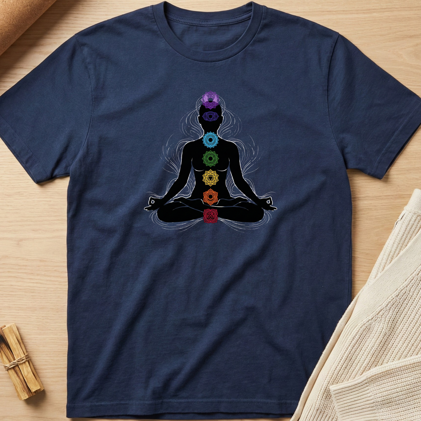 Navy blue t-shirt with a colorful chakra design on a wooden surface. Minimalist yoga apparel by pemuyo.