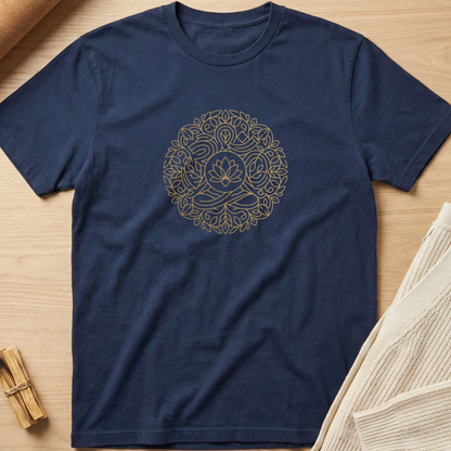 A navy blue short-sleeve t-shirt laid flat on a light wood surface, featuring a colorful Tree of Life graphic with chakra symbols on the chest. The shirt is styled with neutral props, including a rolled beige fabric and a small bundle of wooden sticks. Minimalist yoga apparel by pemuyo.