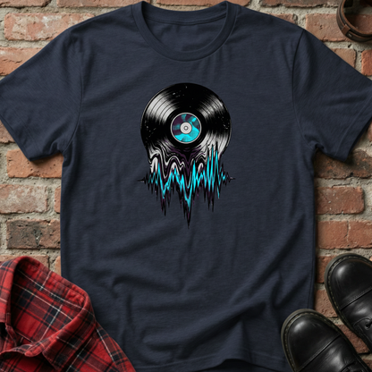 Navy blue t-shirt with vinyl record design on a brick wall background. Minimalist music apparel by pemuyo.