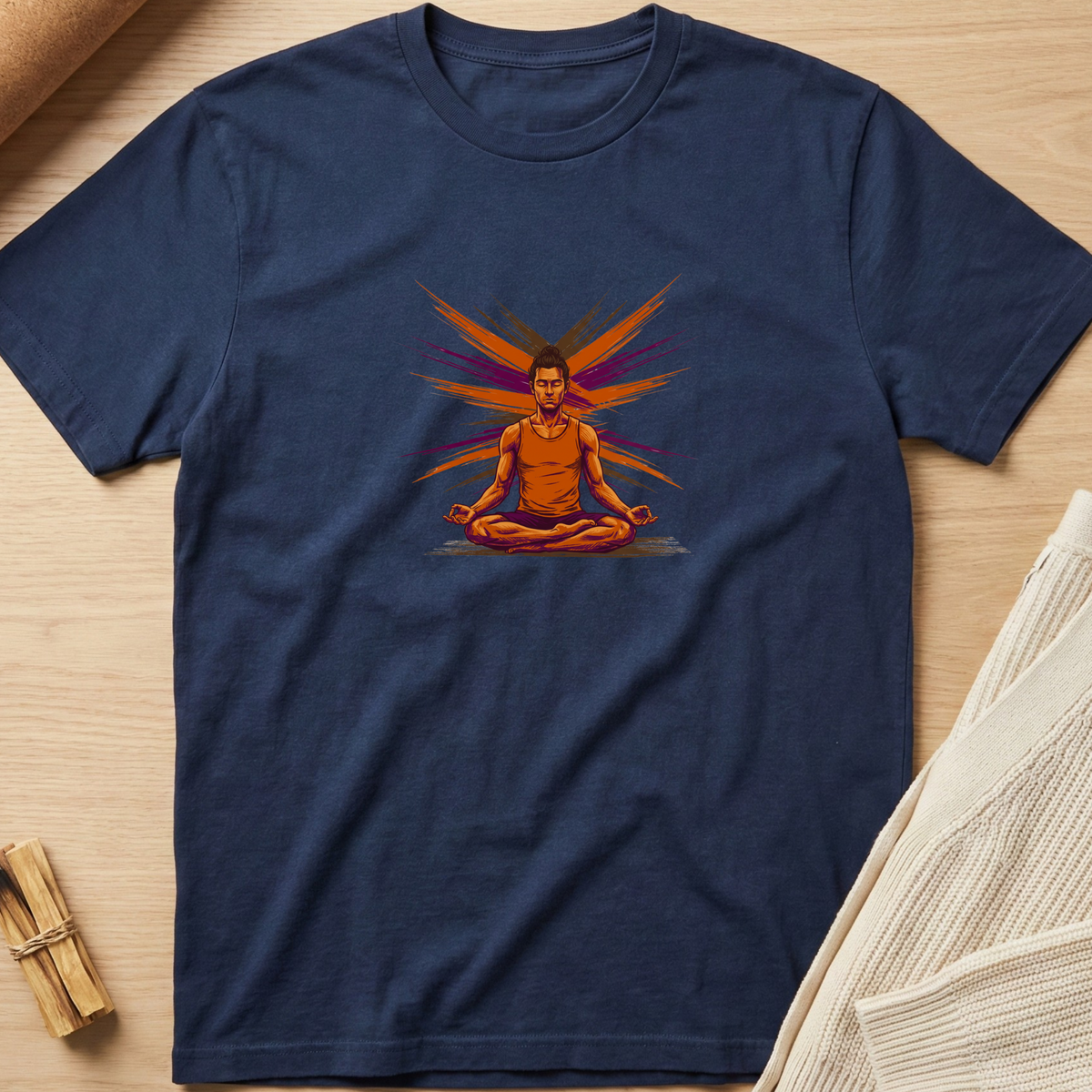 A navy blue short-sleeve t-shirt with a colorful graphic of a meditating man, laid flat on a light wood background with neutral props. Minimalist yoga apparel by pemuyo.