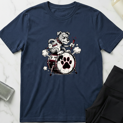 Navy blue t-shirt with a graphic of a dog playing drums on a white marble surface. Minimalist dog apparel by pemuyo.
