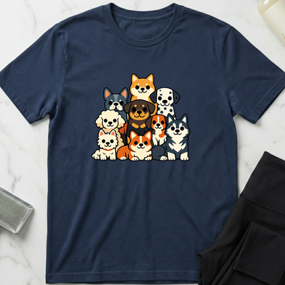 Navy blue t-shirt with cartoon dog illustrations on a marble surface. Minimalist dog apparel by pemuyo.