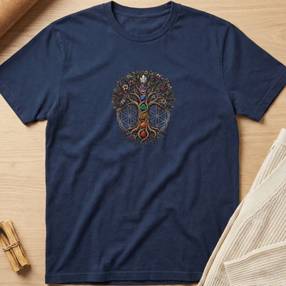 A navy blue short-sleeve t-shirt laid flat on a light wood surface, featuring a colorful Tree of Life graphic with chakra symbols on the chest. The shirt is styled with neutral props, including a rolled beige fabric and a small bundle of wooden sticks. Minimalist yoga apparel by pemuyo.