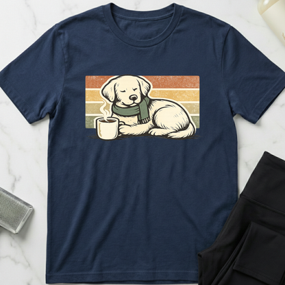 Navy blue t-shirt with a graphic of a dog wearing a scarf and holding a mug on a marble surface. Minimalist dog apparel by pemuyo.