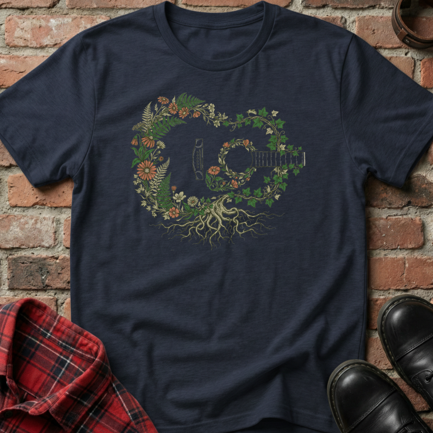 Navy blue t-shirt with a floral and guitar design against a brick wall. Minimalist music apparel by pemuyo.