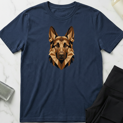 Navy blue t-shirt with a geometric dog design on a marble surface. Minimalist dog apparel by pemuyo.
