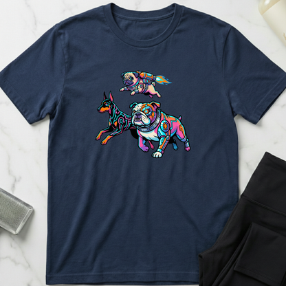 Navy blue t-shirt with colorful dog illustrations on a marble surface. Minimalist dog apparel by pemuyo.