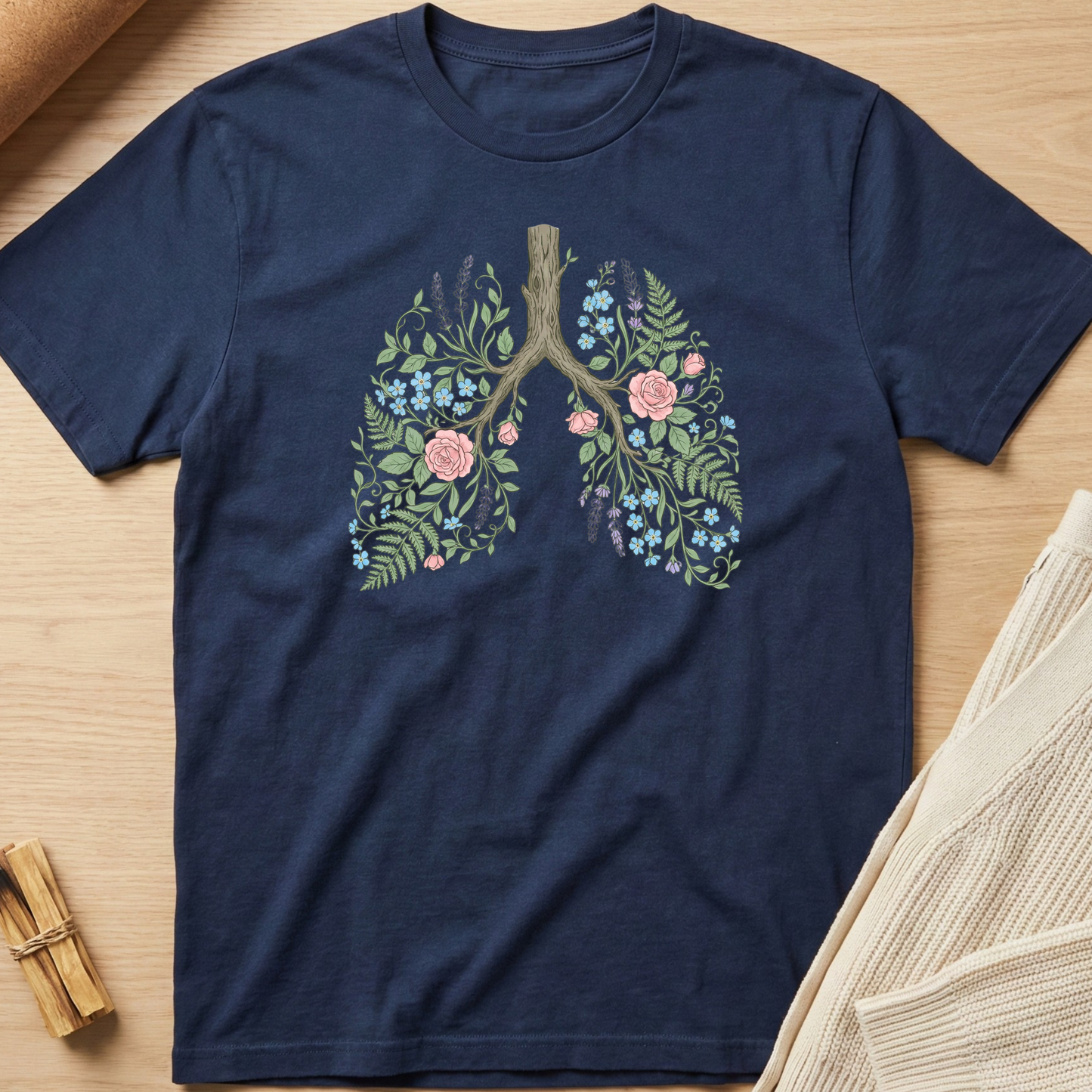 Navy blue t-shirt with floral lung design on a wooden surface. Minimalist yoga apparel by pemuyo.