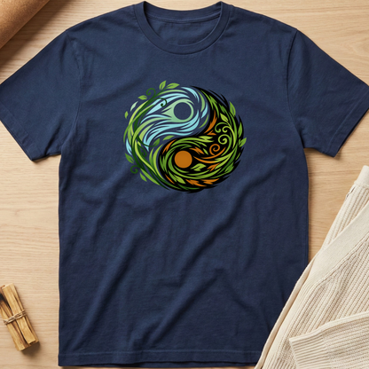 Navy blue t-shirt with a colorful circular design on a wooden surface. Minimalist yoga apparel by pemuyo.