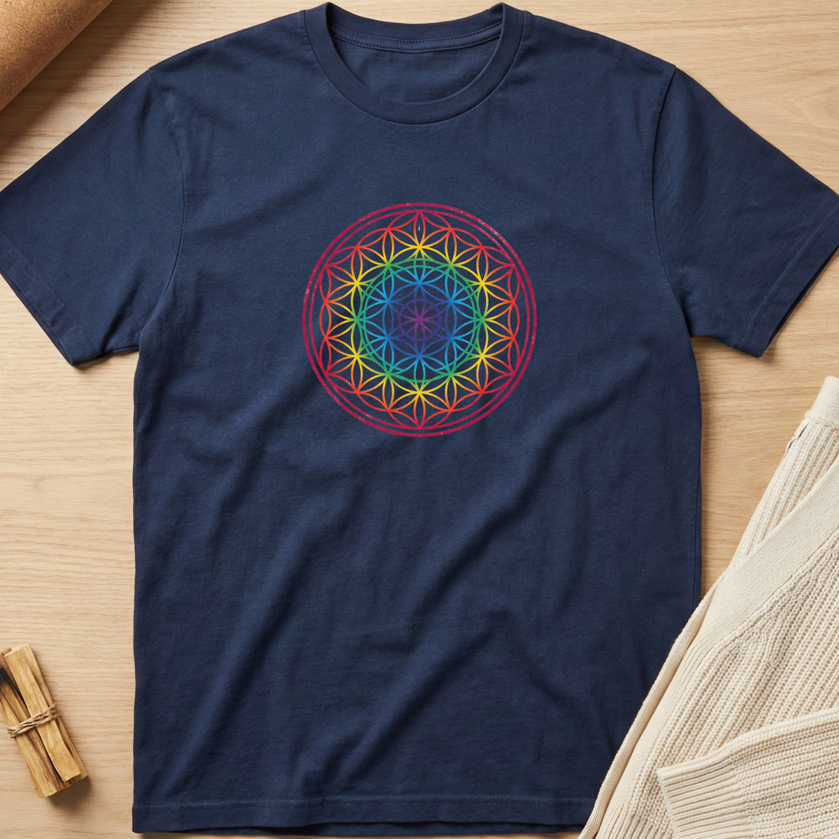 A navy blue short-sleeve t-shirt with a colorful geometric flower design on the chest, laid flat on a light wood background with neutral props. Minimalist yoga apparel by pemuyo.