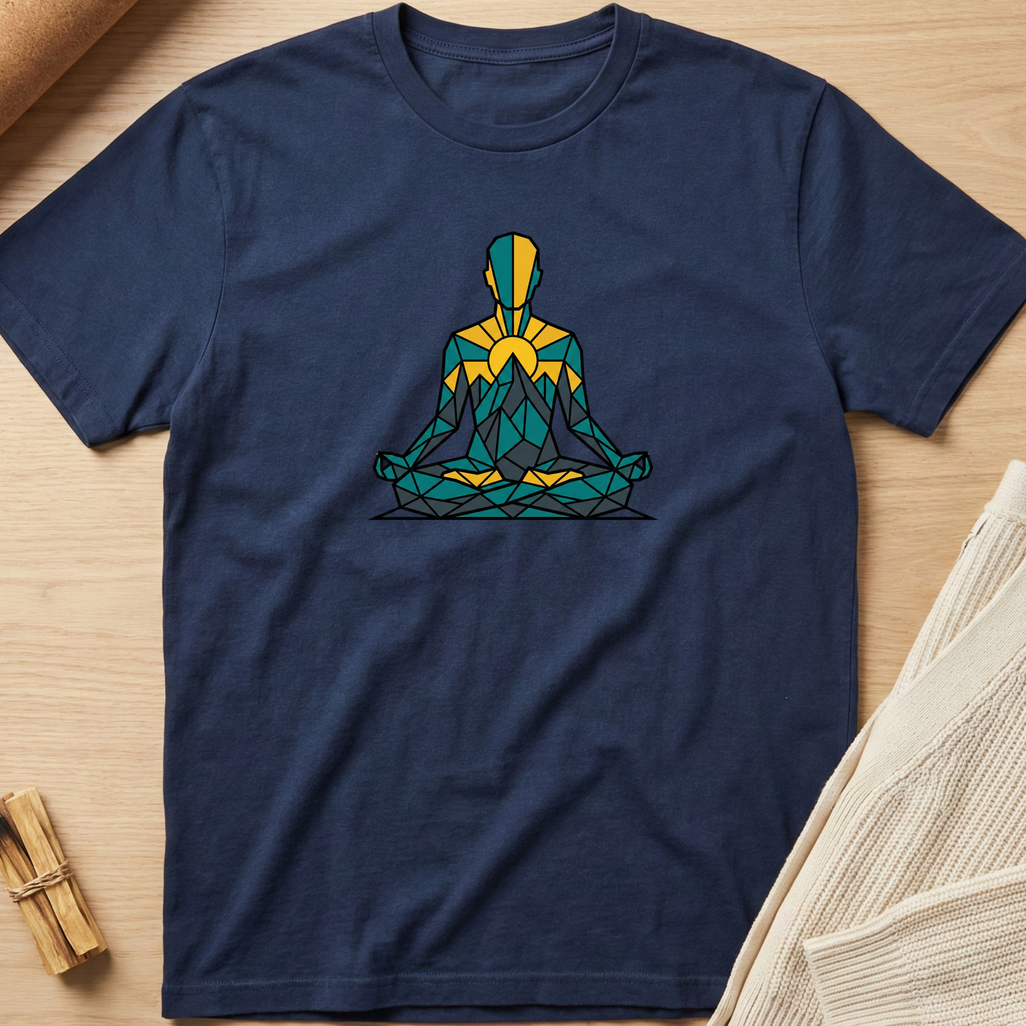 Navy blue t-shirt with a colorful geometric design on a wooden surface. Minimalist yoga apparel by pemuyo.