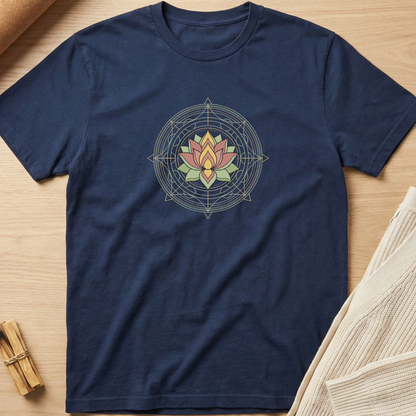 A navy blue short-sleeve t-shirt with a central lotus flower and geometric mandala graphic, laid flat on a light wood background with styled props. Minimalist yoga apparel by pemuyo.