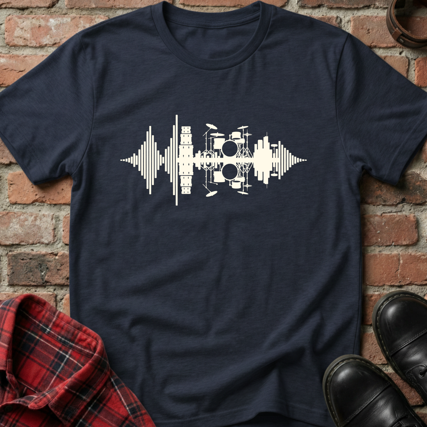 Navy blue t-shirt with white graphic design on a brick background. Minimalist music apparel by pemuyo.