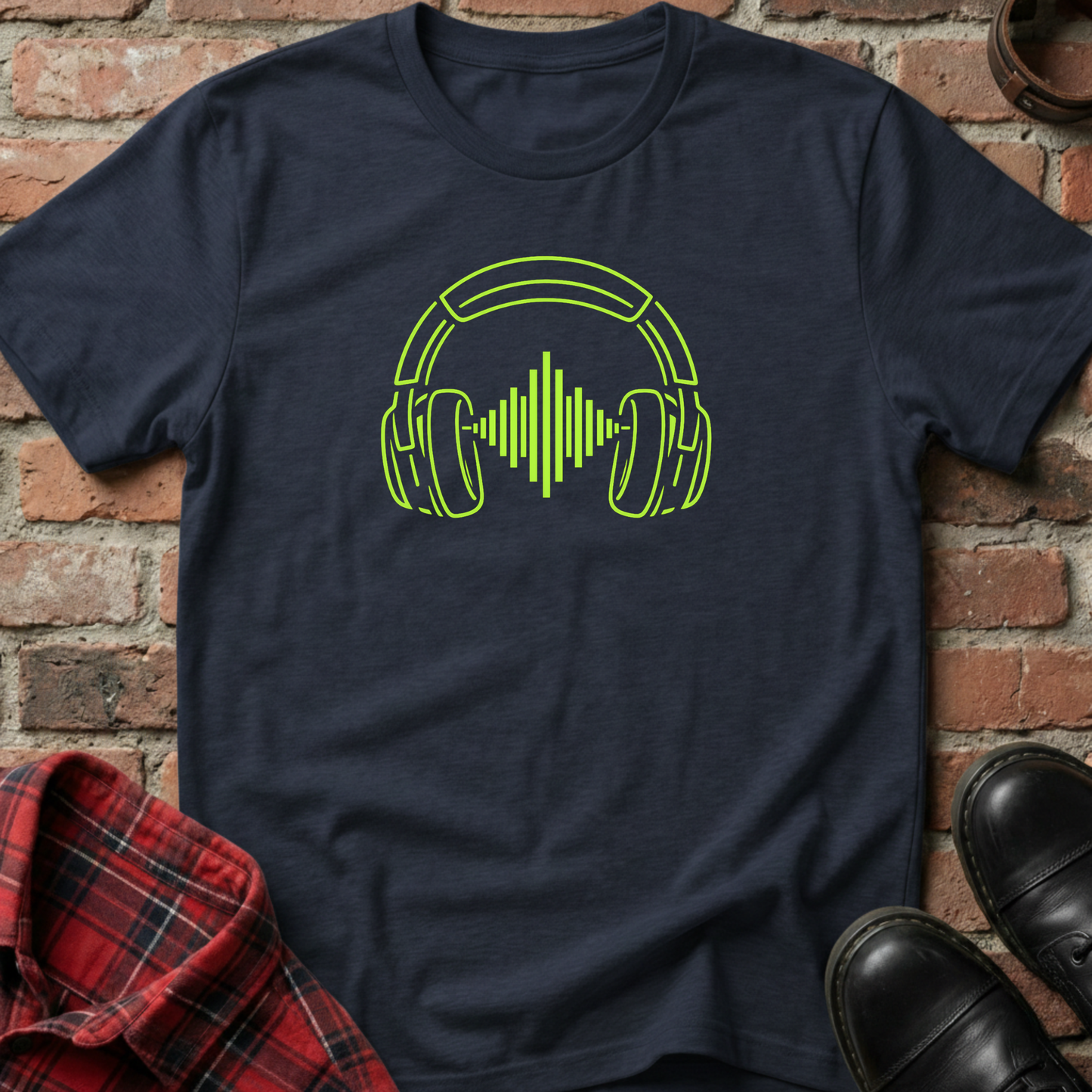Navy blue t-shirt with green headphone design on a brick surface. Minimalist music apparel by pemuyo.