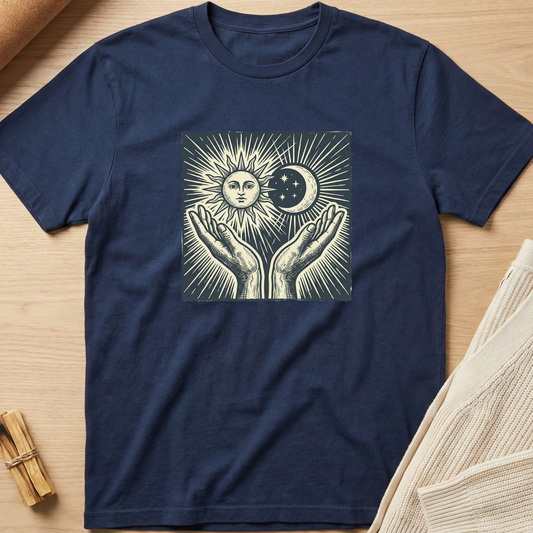 Navy blue t-shirt with a graphic design of hands holding a sun and moon on a wooden surface. Minimalist yoga apparel by pemuyo.