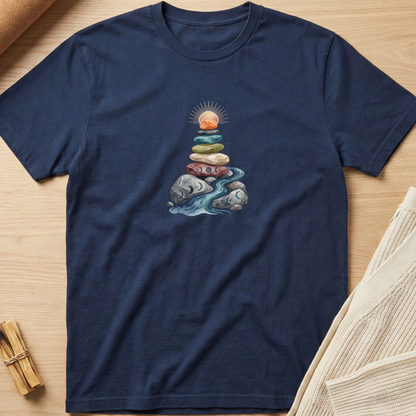 A navy blue short-sleeve t-shirt laid flat on a light wood surface, featuring a central graphic of stacked stones with a flowing blue stream and a small sun motif. The shirt is styled with neutral props, including a beige knit fabric and a small bundle of wooden sticks. Minimalist yoga apparel by pemuyo.