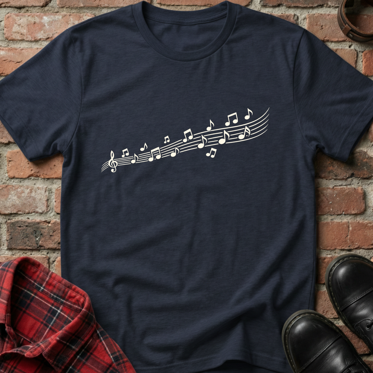 Navy blue t-shirt with musical note design on a brick wall background. Minimalist music apparel by pemuyo.