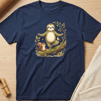 Navy blue t-shirt with a sloth and squirrel design on a wooden surface. Minimalist yoga apparel by pemuyo.