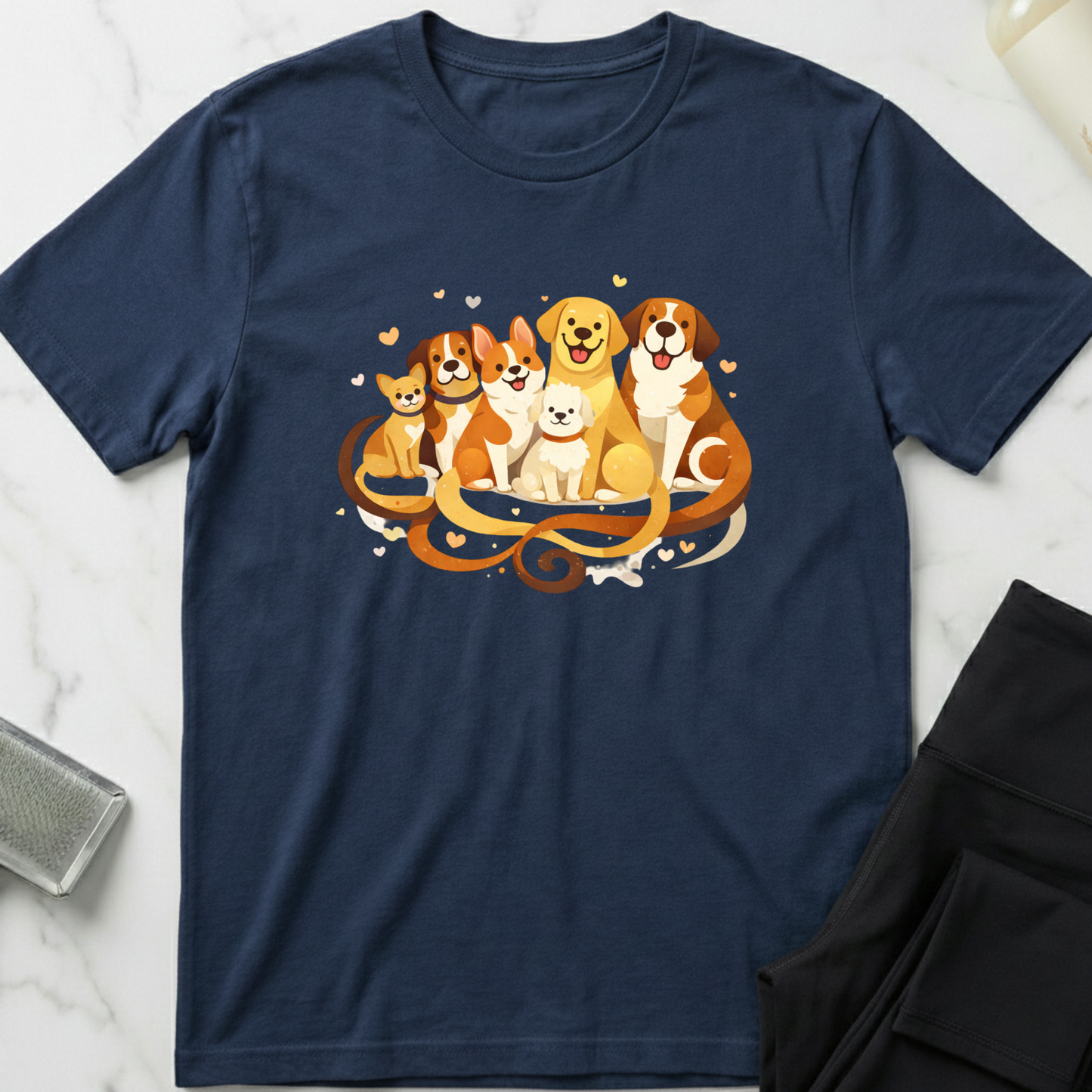 Navy blue t-shirt with a colorful graphic of dogs on a marble surface. Minimalist dog apparel by pemuyo.