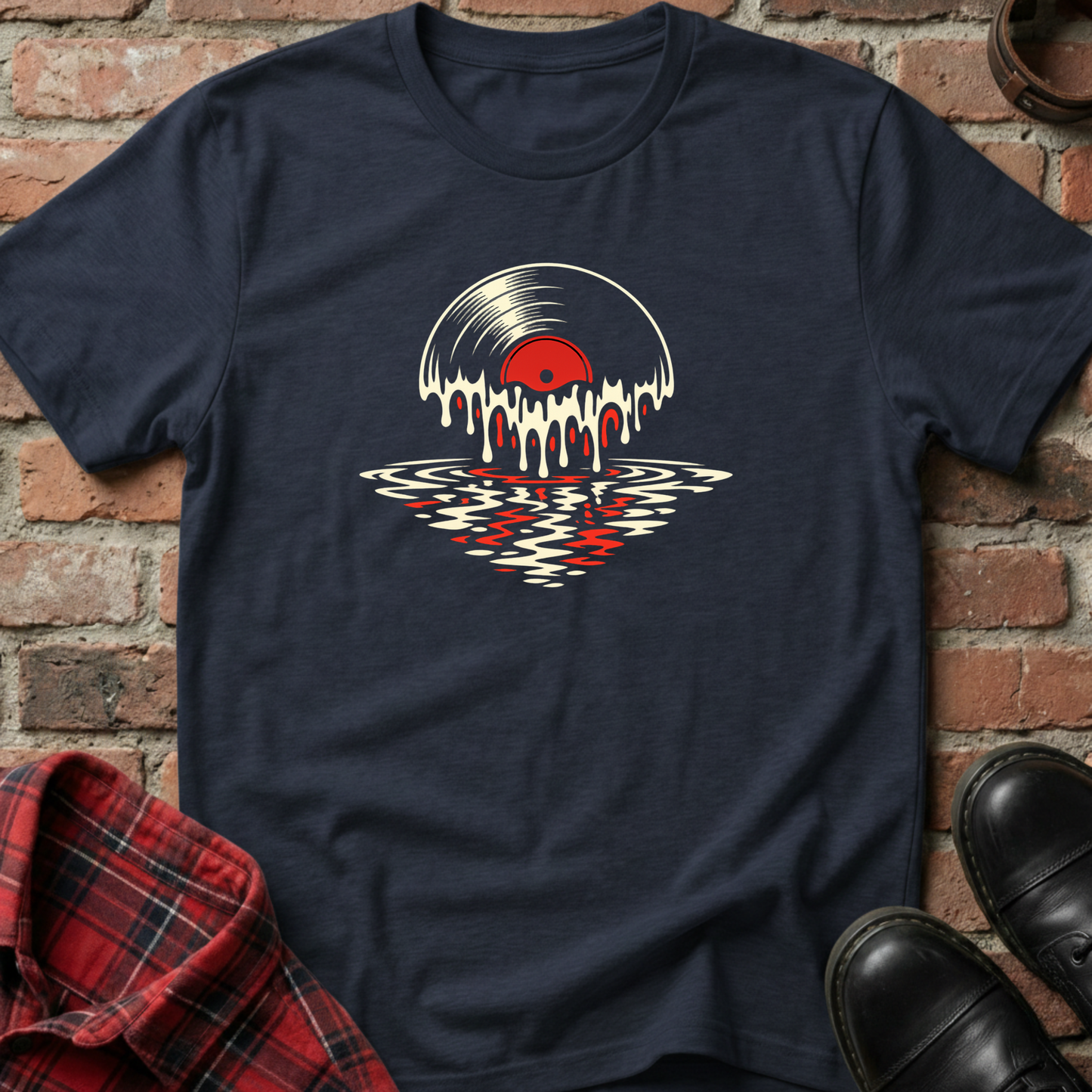 Navy blue t-shirt with vinyl record design on a brick background. Minimalist music apparel by pemuyo.
