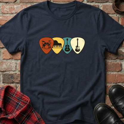 Navy blue t-shirt with musical instrument picks design on a brick wall background. Minimalist music apparel by pemuyo.