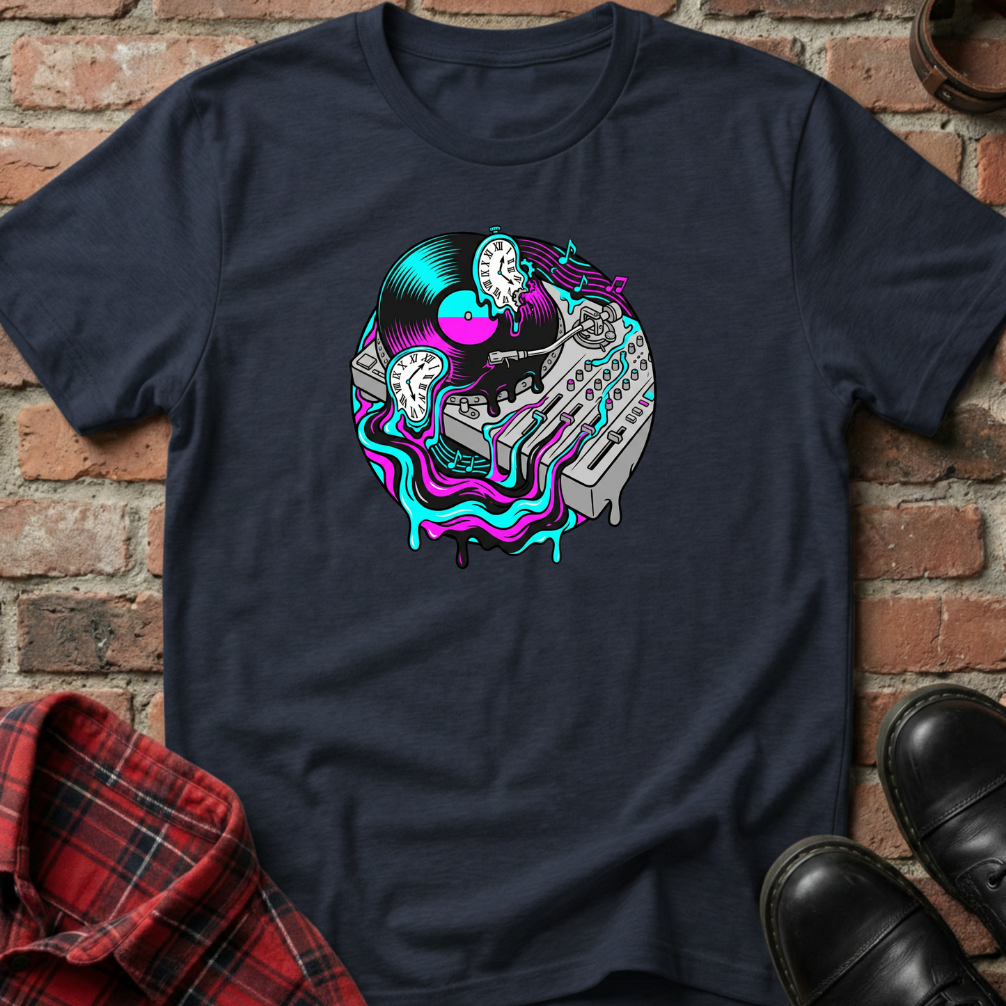 Black t-shirt with colorful graphic design on a brick wall background. Minimalist music apparel by pemuyo.