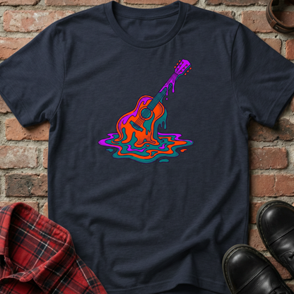 Black t-shirt with colorful guitar design on a brick wall background. Minimalist music apparel by pemuyo.