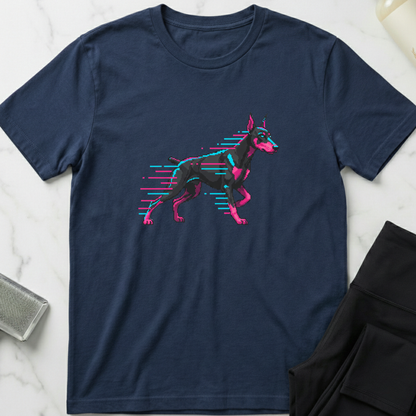 Navy blue t-shirt with a graphic of a dog on a marble surface. Minimalist dog apparel by pemuyo.