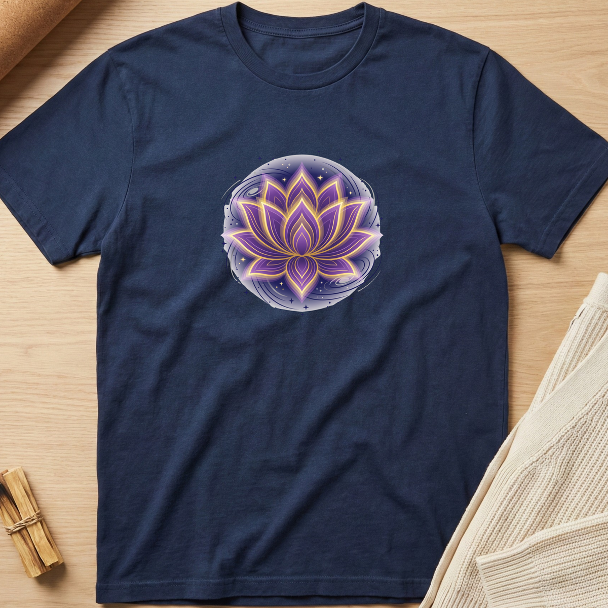 Navy blue t-shirt with a green figure in a meditative pose surrounded by flowers on a wooden surface. Minimalist yoga apparel by pemuyo.