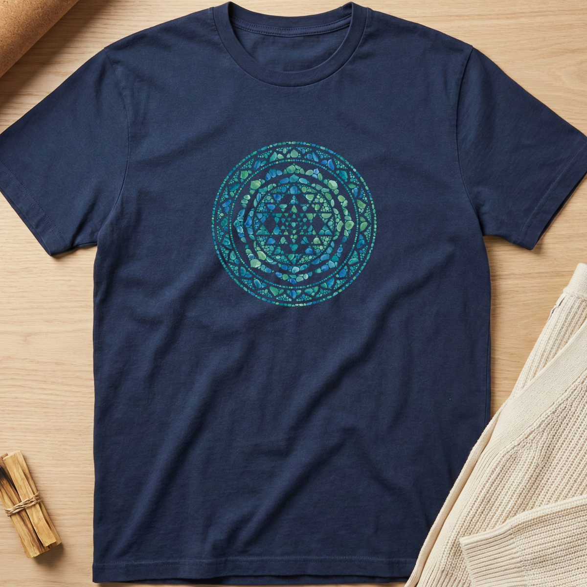 A navy blue crewneck t-shirt with a circular mandala-style graphic in shades of teal and green on the chest, laid flat on a light wood background with neutral props. Minimalist yoga apparel by pemuyo.