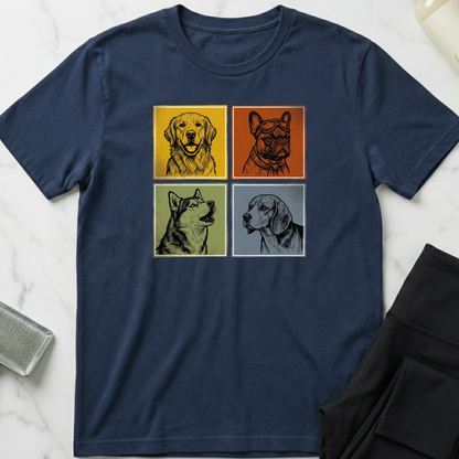 Navy blue t-shirt with dog illustrations on a marble surface. Minimalist dog apparel by pemuyo.