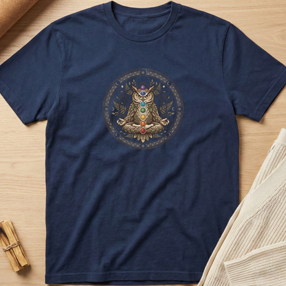 A navy blue short-sleeve t-shirt laid flat on a light wood surface, featuring a central graphic of an owl seated in meditation within a circular chakra design. The shirt is styled with neutral props, including a rolled tan fabric and a folded cream knit textile, in the corners. Minimalist yoga apparel by pemuyo.