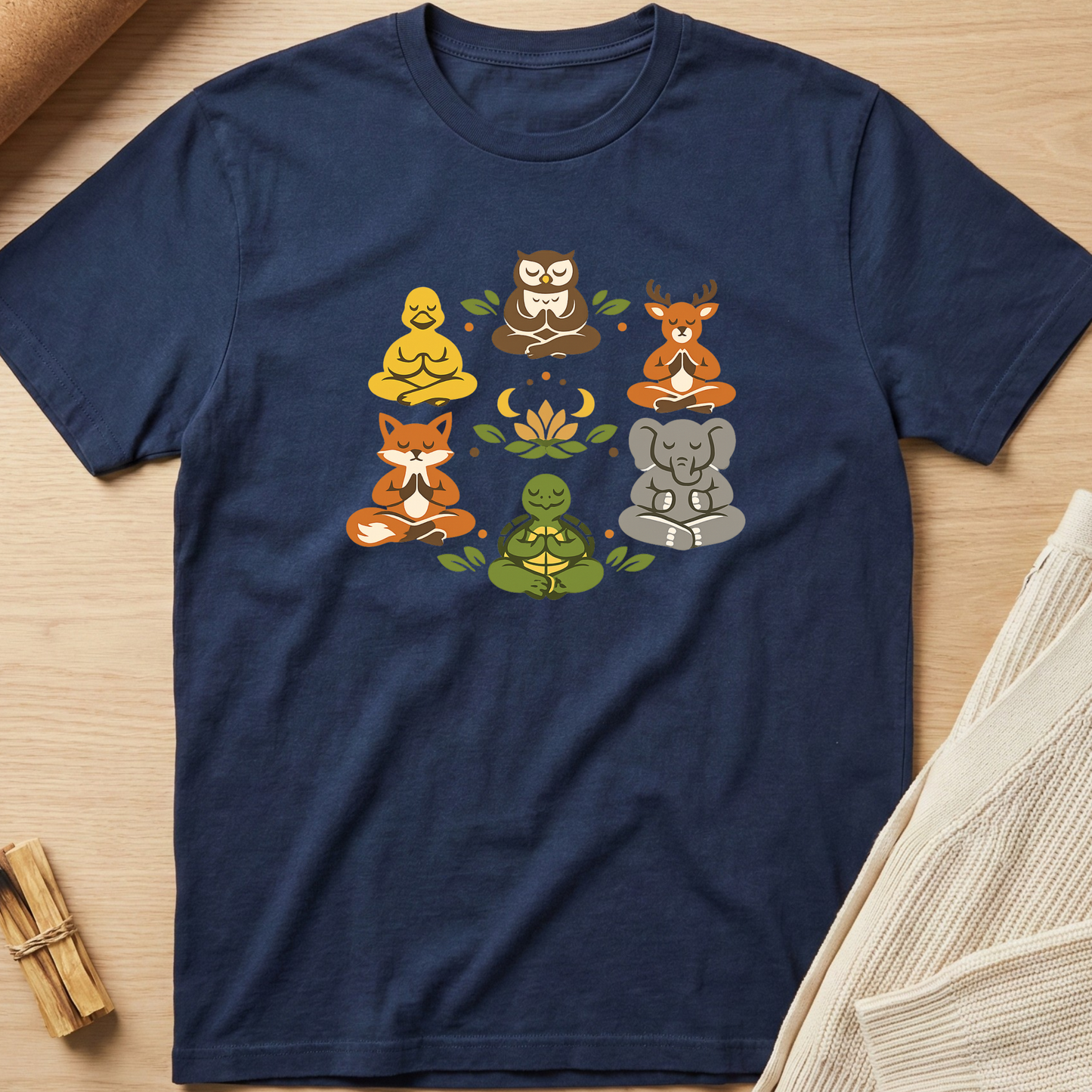 Navy blue t-shirt with animal illustrations in a meditative pose on a wooden surface. Minimalist yoga apparel by pemuyo.