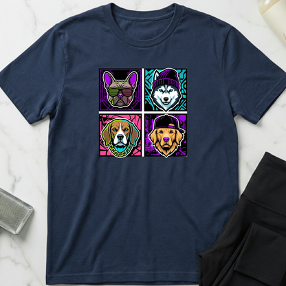 Navy blue t-shirt with colorful dog graphic designs on a marble surface. Minimalist dog apparel by pemuyo.