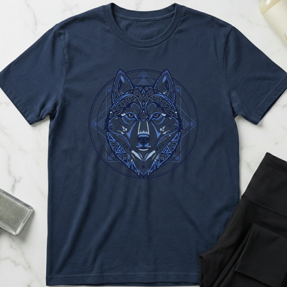 Navy blue t-shirt with a husky design on a marble surface. Minimalist dog apparel by pemuyo.