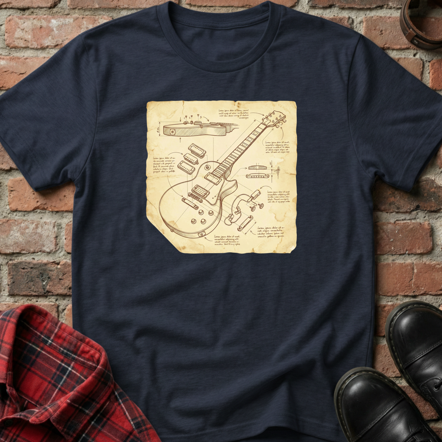 Navy blue t-shirt with guitar blueprint design on a brick background. Minimalist music apparel by pemuyo.