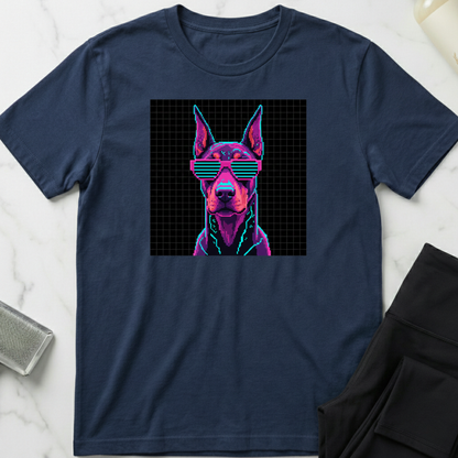 Navy blue t-shirt with a graphic of a dog wearing sunglasses on a white marble surface. Minimalist dog apparel by pemuyo.