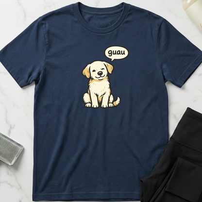 Navy blue t-shirt with a cartoon dog and 'guau' speech bubble on a marble surface. Minimalist dog apparel by pemuyo.