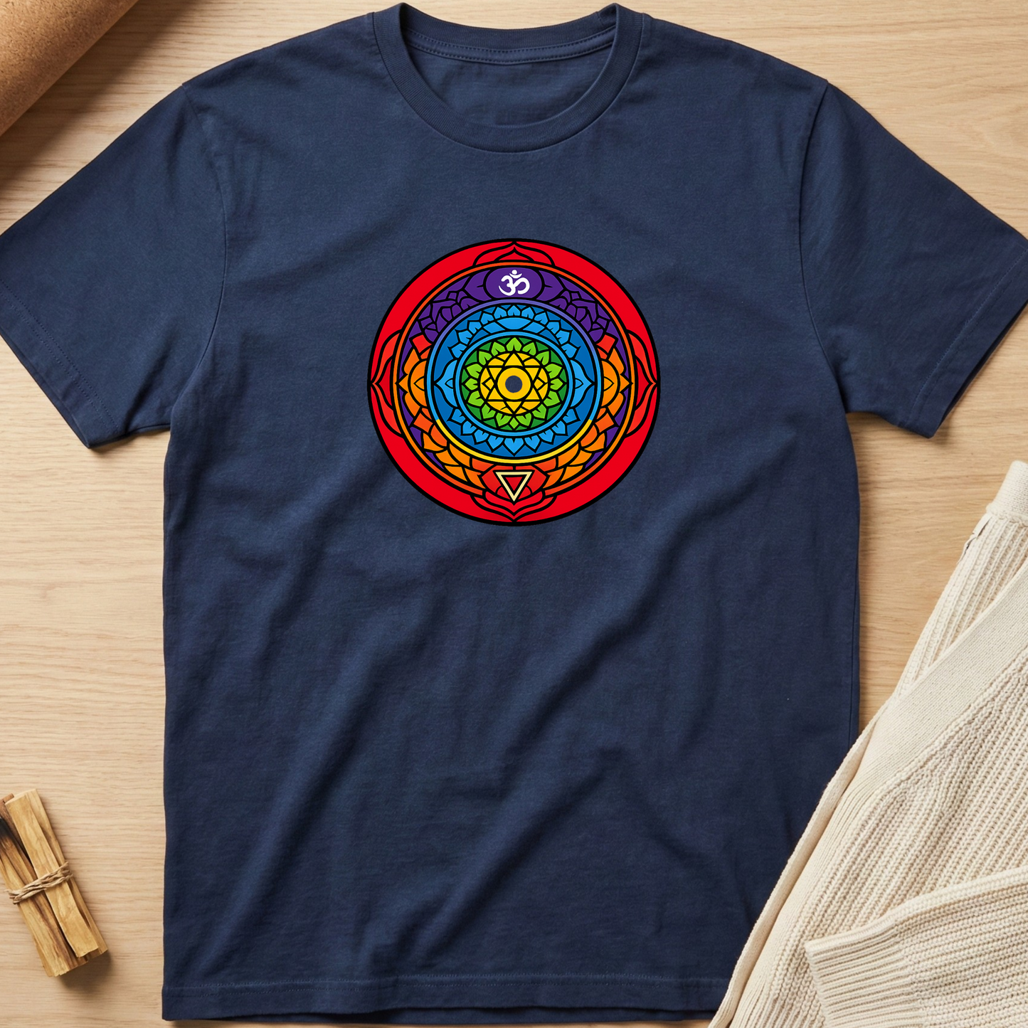 Navy blue t-shirt with a colorful circular design on a wooden surface. Minimalist yoga apparel by pemuyo.