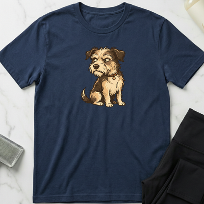 Navy blue t-shirt with a dog graphic on a marble surface. Minimalist dog apparel by pemuyo.