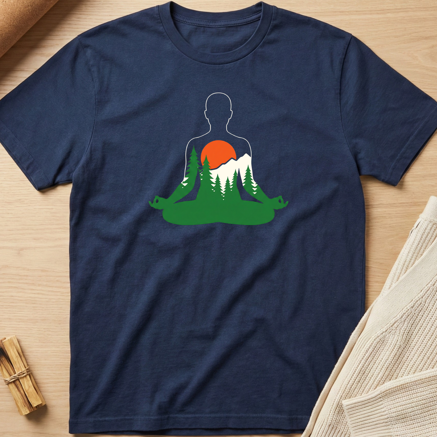 Navy blue t-shirt with a silhouette of a person meditating in nature design on a wooden surface. Minimalist yoga apparel by pemuyo.