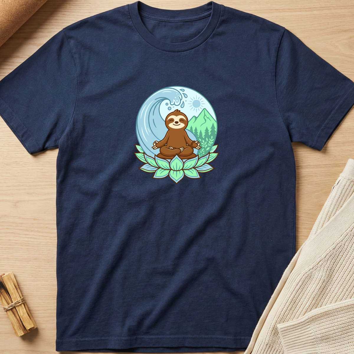 A navy blue short-sleeve t-shirt laid flat on a light wood surface, featuring a colorful graphic of a meditating brown sloth inside a circular wave and mountain design with green leaves at the bottom. Minimalist yoga apparel by pemuyo.